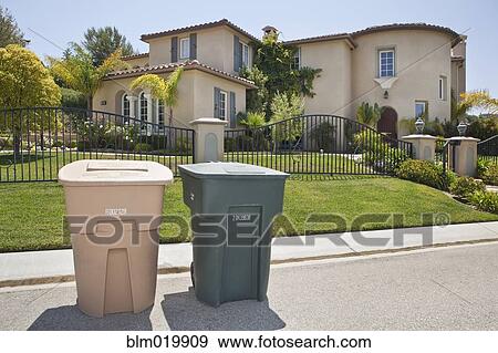 Trash and recycling bins for collection View Large Photo Image Stock Photo - Trash and recycling bins for collection. Fotosearch