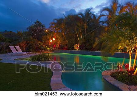 Stock Image - Tropical Backyard Pool at Night. Fotosearch