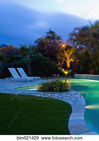 Tropical Backyard Pool at Night View Large Photo Image Stock Photo - Tropical Backyard Pool at Night. Fotosearch