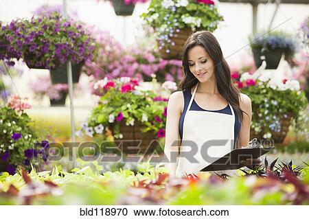 Stock Image - Caucasian woman working in plant nursery. Fotosearch