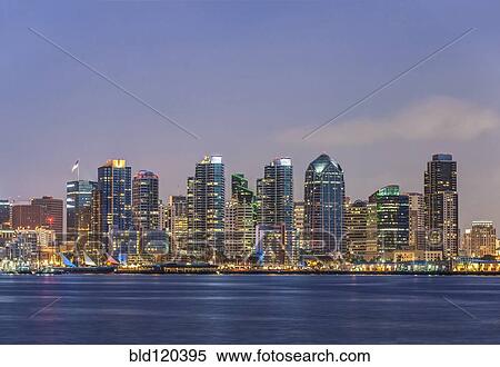 Stock Photography - City skyline lit up at night, San Diego, California, United States. Fotosearch