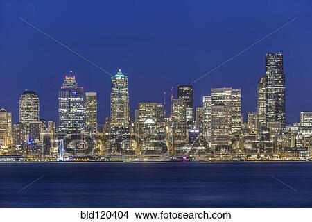 Picture - City skyline lit up at night, Seattle, Washington, United States. Fotosearch