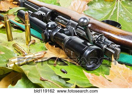 Stock Image - Close up of rifle with telescope and bullets on bed of leaves. Fotosearch