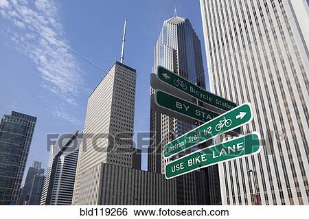 Stock Photograph - Close up of road signs on Chicago city street, Chicago, United States. Fotosearch