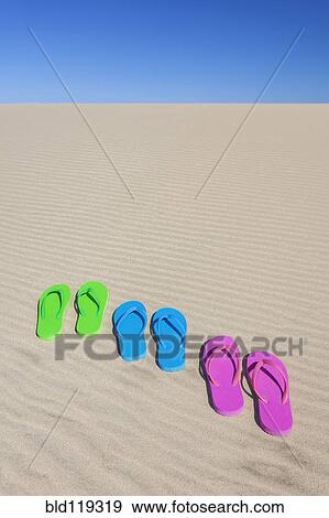 Colorful flip flops on sand dune View Large Photo Image Stock Photo - Colorful flip flops on sand dune. Fotosearch