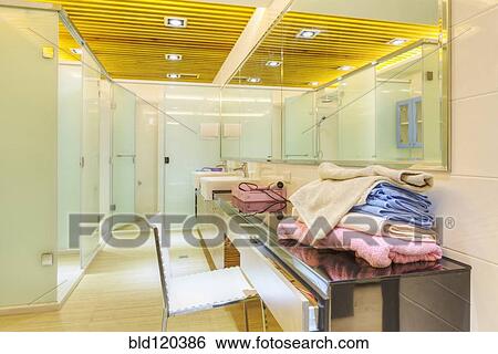 Folded towels in bathroom View Large Photo Image Stock Photograph - Folded towels in bathroom. Fotosearch