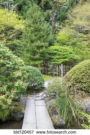 Stock Photo - Footbridge in Japanese Garden, Portland, Oregon, United States. Fotosearch
