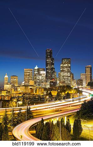 Freeways and Seattle skyline at night, Seattle, Washington, United States View Large Photo Image Stock Photo - Freeways and Seattle skyline at night, Seattle, Washington, United States. Fotosearch