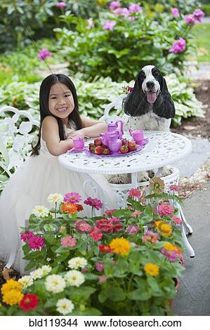 Picture - Mixed race girl and dog having tea party in backyard. Fotosearch