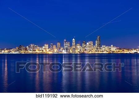 Seattle skyline lit up at night, Seattle, Washington, United States View Large Photo Image Stock Image - Seattle skyline lit up at night, Seattle, Washington, United States. Fotosearch