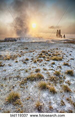 Steam rising from geyser at sunrise, Yellowstone National Park, Wyoming, United States View Large Photo Image Stock Photo - Steam rising from geyser at sunrise, Yellowstone National Park, Wyoming, United States. Fotosearch