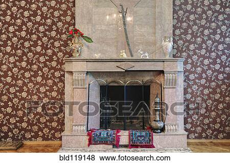 Stone fireplace and wallpaper View Large Photo Image Stock Photo - Stone fireplace and wallpaper. Fotosearch