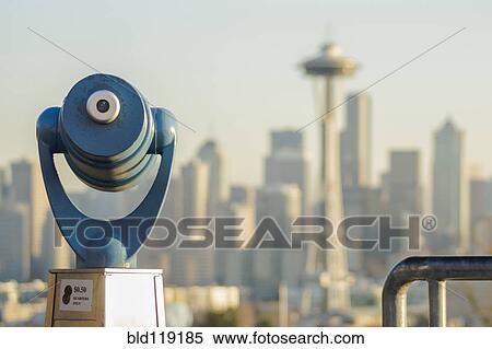 Stock Photography - Telescope overlooking Seattle skyline, Seattle, Washington, United States. Fotosearch