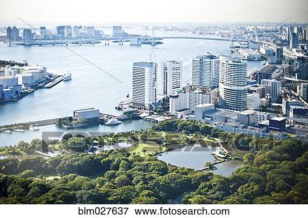Stock Photo - Aerial view of cityscape and river, Tokyo, Japan. Fotosearch