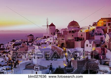 Stock Photograph - Aerial view of terraced village, Santorini, Greece. Fotosearch