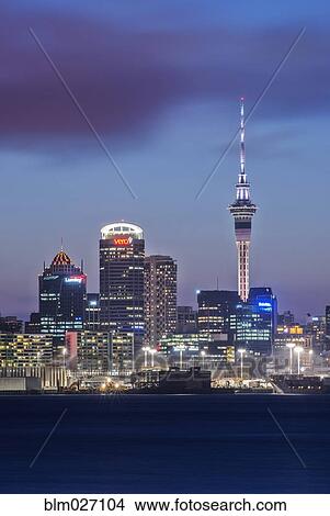 Auckland skyline lit up at night, New Zealand View Large Photo Image Picture - Auckland skyline lit up at night, New Zealand. Fotosearch