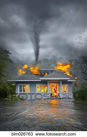 Burning house under tornado in flooded landscape View Large Photo Image Stock Image - Burning house under tornado in flooded landscape. Fotosearch