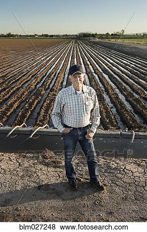 Caucasian farmer standing in irrigated field View Large Photo Image Stock Photo - Caucasian farmer standing in irrigated field. Fotosearch