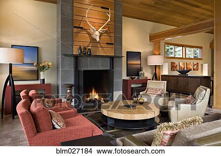 Fireplace in modern living room View Large Photo Image Picture - Fireplace in modern living room. Fotosearch