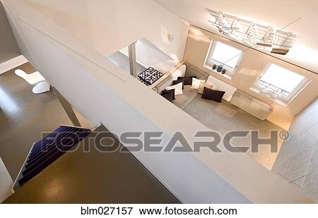 Overhead view of loft in modern home View Large Photo Image Stock Photo - Overhead view of loft in modern home. Fotosearch