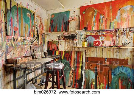Paint splattered walls of art studio View Large Photo Image Stock Image - Paint splattered walls of art studio. Fotosearch