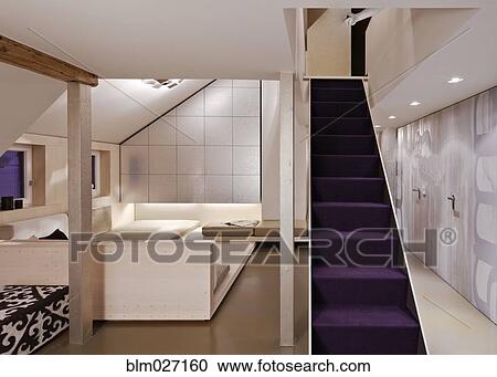 Purple staircase in modern home View Large Photo Image Stock Image - Purple staircase in modern home. Fotosearch