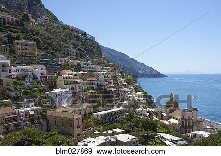 Stock Photo - Aerial view of hillside city, Positano, Campania, Italy. Fotosearch
