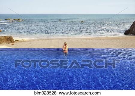 Stock Photo - Caucasian woman relaxing in infinity pool. Fotosearch