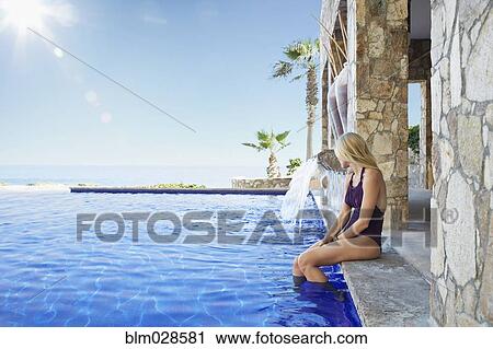 Stock Image - Caucasian woman sitting at the edge of swimming pool. Fotosearch