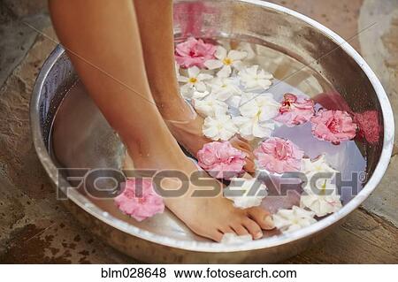 Caucasian woman soaking feet in tub with flowers View Large Photo Image Stock Photo - Caucasian woman soaking feet in tub with flowers. Fotosearch