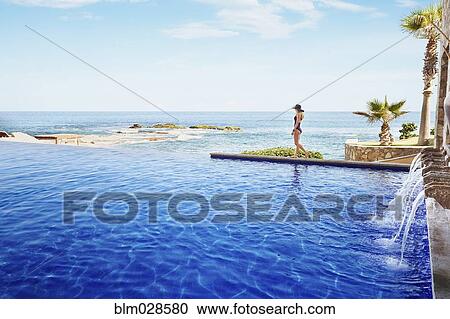 Stock Image - Caucasian woman walking along infinity pool. Fotosearch