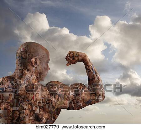 Stock Image - Collage of people's faces in athlete's muscles. Fotosearch