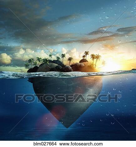 Picture - Heart-shape island floating in tropical ocean. Fotosearch