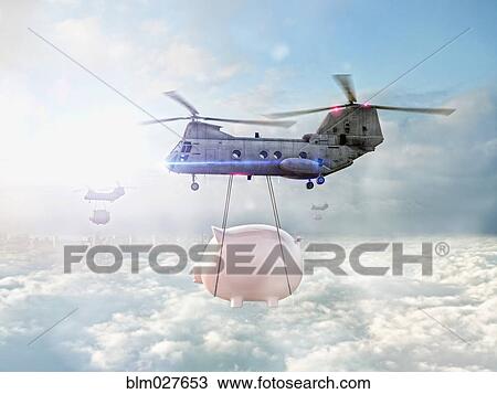 Stock Image - Helicopters carrying piggy banks over clouds. Fotosearch