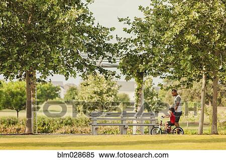 Stock Photography - Mixed race father and son with bicycle in park. Fotosearch