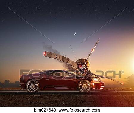 Satellite falling on car View Large Photo Image Stock Photo - Satellite falling on car. Fotosearch