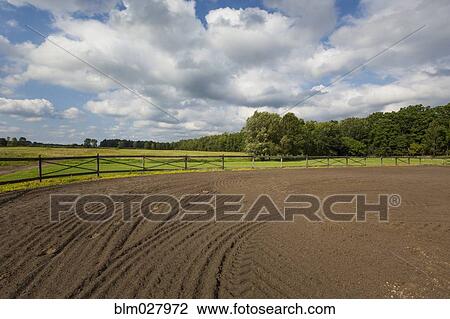 Stock Image - Tire tracks in riding ring on horse farm. Fotosearch