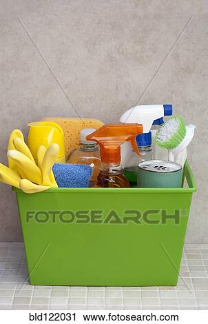 Stock Image - Bucket of cleaning supplies in bathroom. Fotosearch