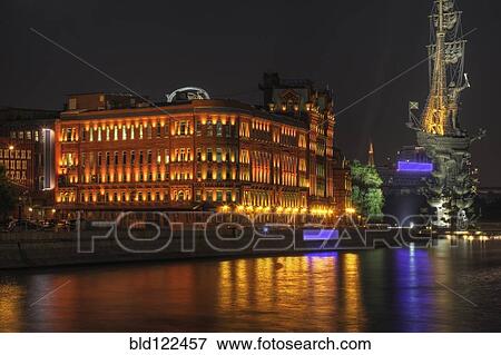 Stock Photo - City skyline illuminated at night, Moscow, Russia. Fotosearch
