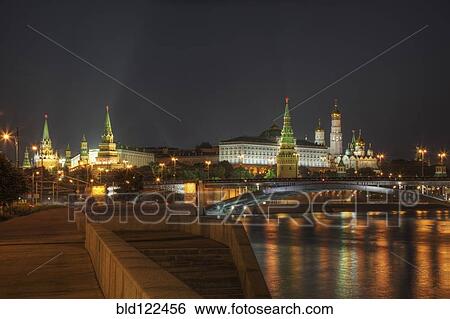 Stock Photograph - City skyline illuminated at night, Moscow, Russia. Fotosearch