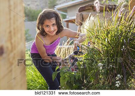 Girl watering plants in garden View Large Photo Image Stock Image - Girl watering plants in garden. Fotosearch