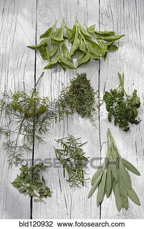 Stock Image - Herbs on wooden table. Fotosearch