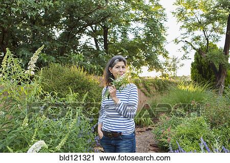 Hispanic woman smelling flowers in garden View Large Photo Image Stock Image - Hispanic woman smelling flowers in garden. Fotosearch