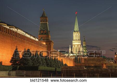 Stock Photo - Illuminated ornate buildings, Moscow, Russia. Fotosearch