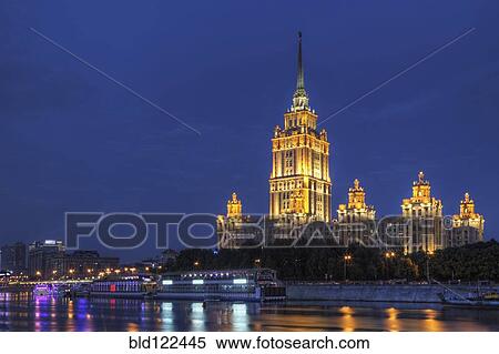Stock Photography - Ornate buildings illuminated at night, Moscow, Russia. Fotosearch