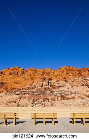 Picture - Park benches facing Red Rock Canyon, Nevada, United States. Fotosearch
