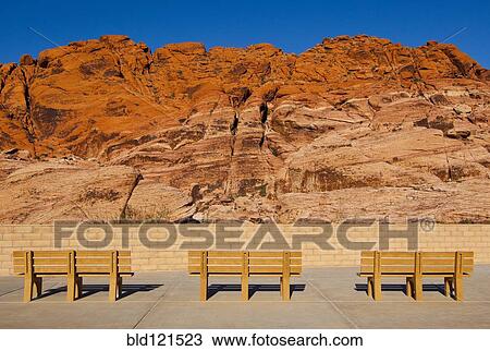 Stock Image - Park benches facing Red Rock Canyon, Nevada, United States. Fotosearch