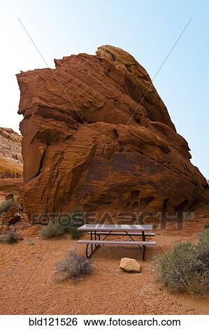 Stock Photograph - Picnic table in Valley of Fire State Park, Nevada, United States. Fotosearch