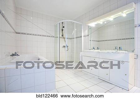 Stock Photograph - White tile bathroom. Fotosearch