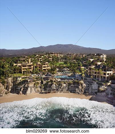 Aerial view of resort on ocean, Cabo San Lucas, BCS, Mexico View Large Photo Image Stock Photo - Aerial view of resort on ocean, Cabo San Lucas, BCS, Mexico. Fotosearch
